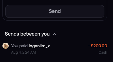 A screenshot of a Venmo transaction showing a $200.00 cash payment sent to loganlim_x on August 4 at 2:24 AM. This image is included to verify that the sender actually transferred the promised $200 to the recipient before requesting a token evaluation for $ELE.
