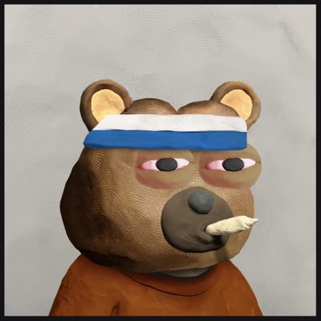A 3D-rendered brown teddy bear character with a blue and white headband, red eyes, and a cigarette in its mouth, wearing an orange outfit against a white background.