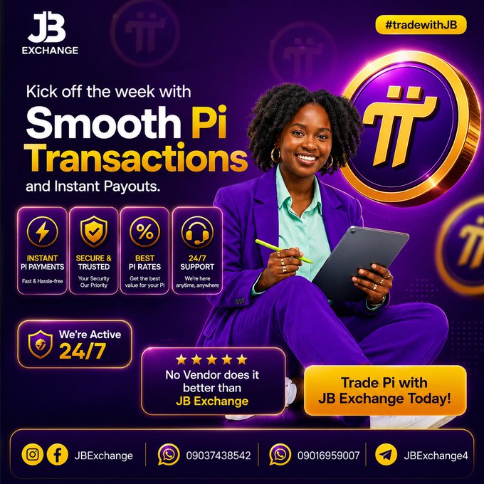 A promotional advertisement for JB Exchange featuring 'Smooth Pi Transactions and Instant Payouts' with a woman in a purple suit holding a tablet, highlighting features like Instant Pi Payments and 24/7 Support.
