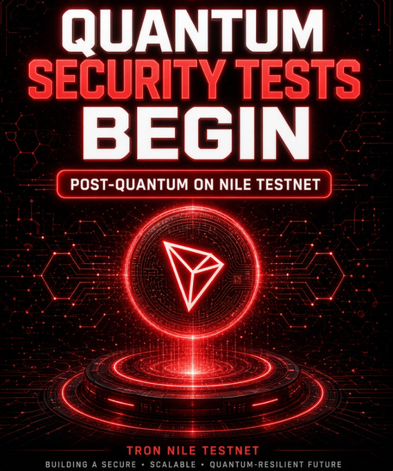 A red and black promotional graphic with bold text reading "QUANTUM SECURITY TESTS BEGIN," "POST-QUANTUM ON NILE TESTNET," and "TRON NILE TESTNET," featuring a Tron logo in a glowing circular design.