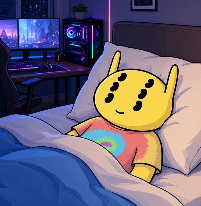A cartoon yellow creature with horns and a tie-dye shirt rests in bed beside a glowing gaming PC setup. The cozy, late-night scene pairs perfectly with the "Goodnight frens" message, while the gaming rig subtly nods to the "green candles" crypto wish.
