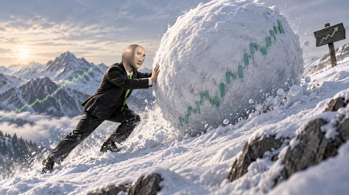 A 3D illustration shows a suited figure with a wooden mask pushing a massive snowball with an upward stock chart embedded in it up a snowy mountain.