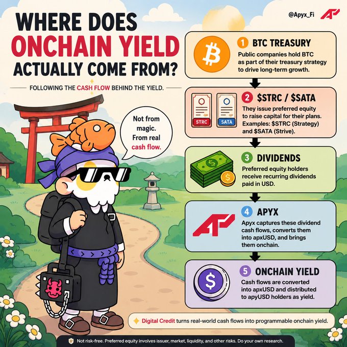 An infographic titled 'WHERE DOES ONCHAIN YIELD ACTUALLY COME FROM?' by @Apyx_Fi explaining a 5-step cash flow process from BTC Treasury to onchain yield via $STRC/$SATA, Dividends, APYX, and Onchain Yield, featuring a cartoon character with a goldfish on his head.