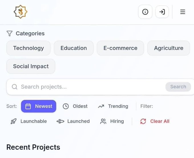 A Sidra platform interface displays filtering options for project discovery, including category buttons (Technology, Education, E-commerce, Agriculture, Social Impact), a search bar, sorting options (Newest, Oldest, Trending), and status filters (Launchable, Launched, Hiring), with a "Recent Projects" section beginning below. The interface appears to relate to the post about upcoming developments for the Sidra community, suggesting the platform will soon showcase new launchable projects aligned with the teased "major turning point."