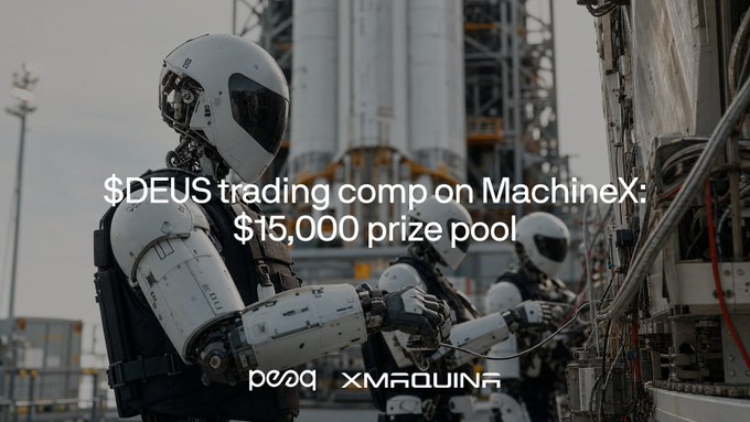 The image shows three robots with white arms standing next to each other in a factory setting. There are also some text elements that read "DEUS TRADING COMPONENT ON MACHINEX: $15,000 PRIZE POOL" which indicates that the company is involved in creating trading platforms for machine-related products or services. The post also mentions "@MachineDEX TGE" and "@XMAQUINA". These details suggest that this is a promotional campaign related to trade, specifically focused on machine-based industries.