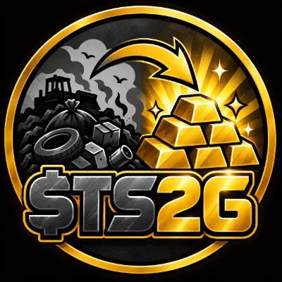 A circular logo with 'STS2G' in metallic text, split between a black-and-white waste dump on the left and gold bars on the right.
