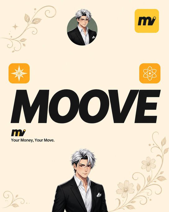 A promotional graphic for "MOOVE" featuring its logo, the tagline "Your Money, Your Move," and anime-style character illustrations of a silver-haired man in a suit, designed to visually reinforce the post's endorsement of the @moovexyz crypto wallet for its clean interface, fast swaps, and rewarding campaigns.