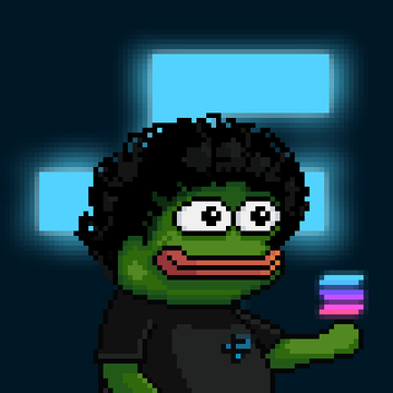 A pixel art illustration of a green-skinned character with black hair holding a cup with pink and blue stripes, set against a dark blue background with a blue cross design.