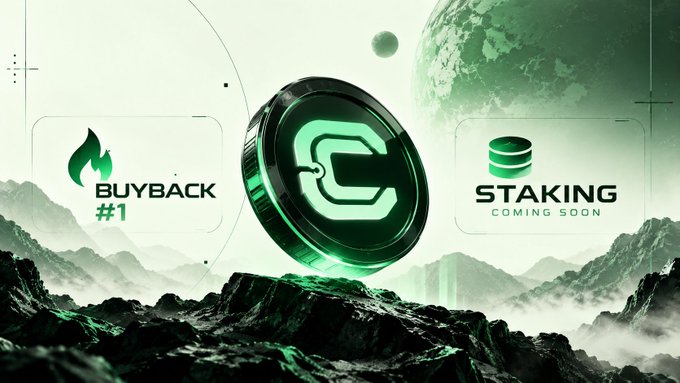 A futuristic graphic featuring a glowing green coin with a 'C' logo floating above dark mountains, accompanied by text reading 'BUYBACK #1' on the left and 'STAKING COMING SOON' on the right.