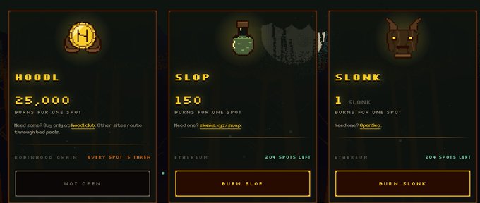 Three digital trading cards displaying burn requirements: 'HOODL' (25,000) with a Robinhood chain icon, 'SLOP' (150) and 'SLONK' (1 SLONK) both on Ethereum with 'BURN SLOP' and 'BURN SLONK' buttons.