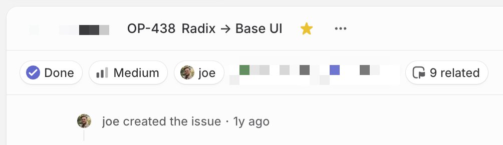 A Jira ticket titled "OP-438 Radix → Base UI" is shown marked as Done with Medium priority, assigned to joe, and noted as created 1 year ago—matching the post's reference to a long-awaited ticket finally being completed.