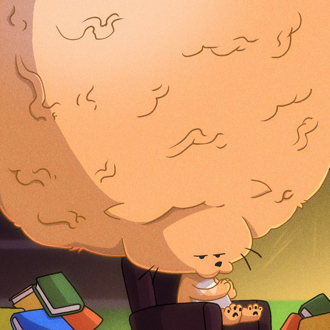 A cartoon illustration shows a grumpy baby with an enormous, frizzy cloud of orange hair sitting in a chair surrounded by scattered books.