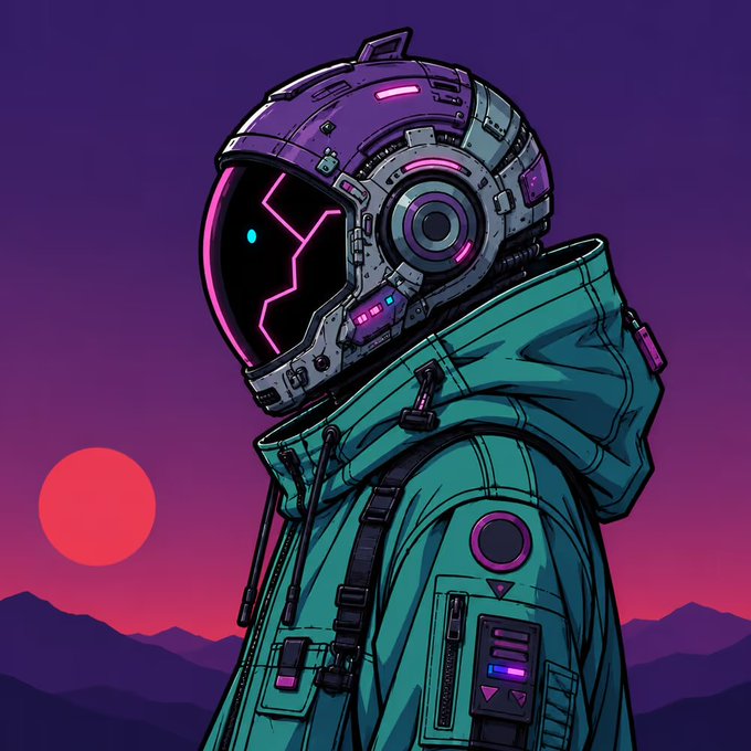 A cyberpunk-style illustration of a figure wearing a futuristic purple and gray astronaut/spacesuit helmet with a cracked pink visor, against a purple sky with a red sun.