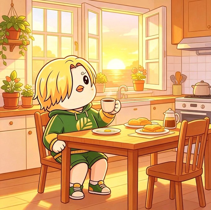 An illustration shows a blonde child in a green hoodie drinking from a cup at a kitchen table set with breakfast.