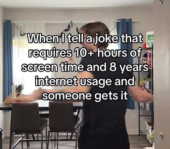 A person stands in a kitchen with their back to the camera, overlaid with the text: 'When I tell a joke that requires 10+ hours of screen time and 8 years internet usage and someone gets it'.