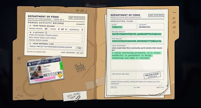 An open manila folder displaying "DEPARTMENT OF FOMO" documents including a Fomies Activity Record, a smaller visitor badge for "elmoo321", an application filed with green-highlighted text about nurturing projects, and various official stamps.