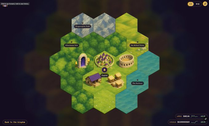 A hexagonal-grid kingdom-building game interface showing a 'Capital' with a castle, garden, and colosseum, surrounded by tiles like 'Dragonspine Peak', 'Riverswan Vale', and 'The Seabough', with 'UPEC' and 'GOLD' currency counters at the bottom right.