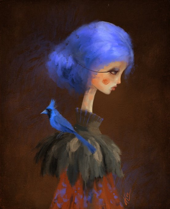 A stylized digital painting of a pale woman with blue hair and a blue bird perched on her shoulder, wearing a dark feathered garment over a red dress.