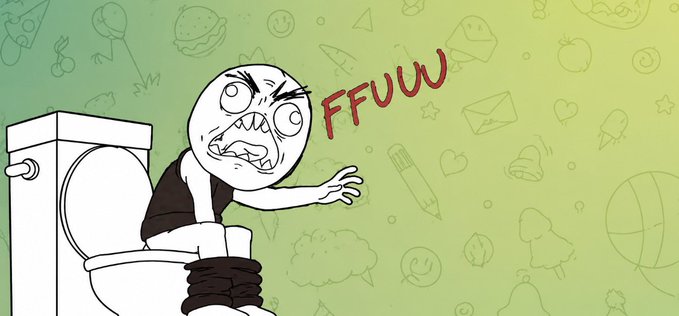 A rage comic style illustration of a stick figure sitting on a toilet with an angry expression, shouting 'FFUUU' against a green background with doodles.