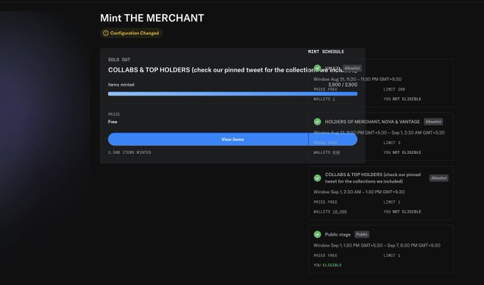 A screenshot of the OpenSea UI showing a "Mint THE MERCHANT" page with a configuration changed notification, displaying the sold-out collection and mint schedule for holders of Merchant, Nova & Vantage, Collabs & Top Holders, and Public Stage phases. The interface overlaps the mint schedule, making information difficult to read—illustrating the poster's frustration with OpenSea's new UI being harder to navigate.