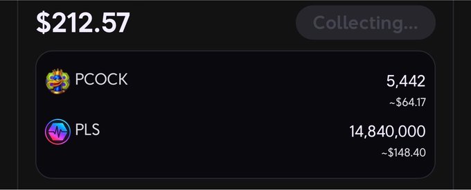 The image shows a dark-themed dashboard displaying $212.57 in collected fees, broken down into 5,442 PCOOCK (~$64.17) and 14,840,000 PLS (~$148.40), with a "Collecting..." status indicator. This visualizes the post's claim that LP fee revenue is being directed toward PCOOCK buybacks and burns as part of the project's revenue strategy.