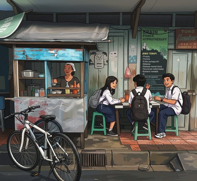 The image features a group of people sitting at an outdoor table with chairs, enjoying their time together. There are three individuals seated around the table - two boys and one girl. A bicycle can be seen parked nearby, adding to the casual atmosphere of the scene. In addition to the people and the bicycle, there is also a backpack placed on the ground close to the table. The image seems to be related to a post or social media account that encourages users to share their experiences and connect with others through various platforms like Twitter and Instagram.