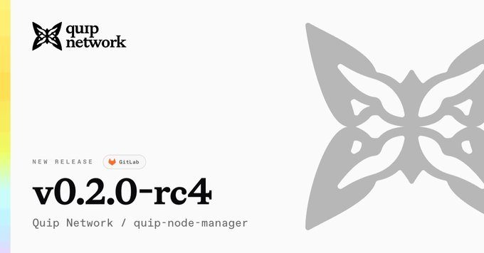 The image displays a white square poster with a gray butterfly design at the center, accompanied by the text "Quip Network" and "v 0.2 0-rc4". The logo of Quip network along with the text about v 0.2 0-rc4 suggest that this could be a product advertisement or promotional material for an online tool related to internet distribution and copyright compliance management.