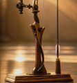 A small bronze sculpture of a figure standing on a marble base.