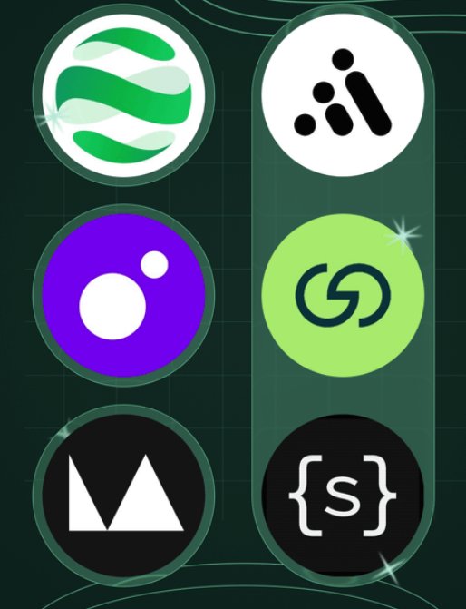 Six circular crypto project logos are displayed in two columns against a dark green grid background, including green and white swirl designs, a purple circle with white dots, a green circle with a spiral pattern, a black circle with white "M" peaks, and a black circle featuring a white "{S}" bracket design. The image visually represents the airdrop check-in entry points referenced in the post.