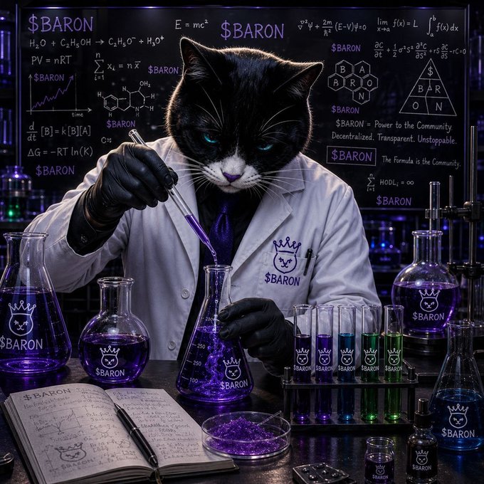 A black and white cat dressed in a lab coat and black gloves, working with purple chemicals in a laboratory setting, with 'E=mc²' and the word '$BARON' displayed prominently throughout the scene.