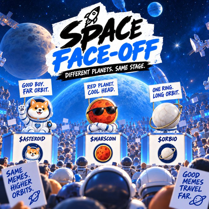 A vibrant cartoon space scene titled "SPACE FACE-OFF: Different Planets. Same Stage" showcases three astronaut mascots—a Shiba Inu (ASTEROID), a sunglass-wearing Mars (MARSCOIN), and a ringed planet (ORBIO)—each holding signs with phrases like "Good Boy. Far Orbit," "Red Planet. Cool Head," and "One Ring. Long Orbit" before a cheering crowd of space fans. The image playfully ties into the post about the Space CT rivalry, inviting viewers to pick their favorite orbit among the competing crypto communities.