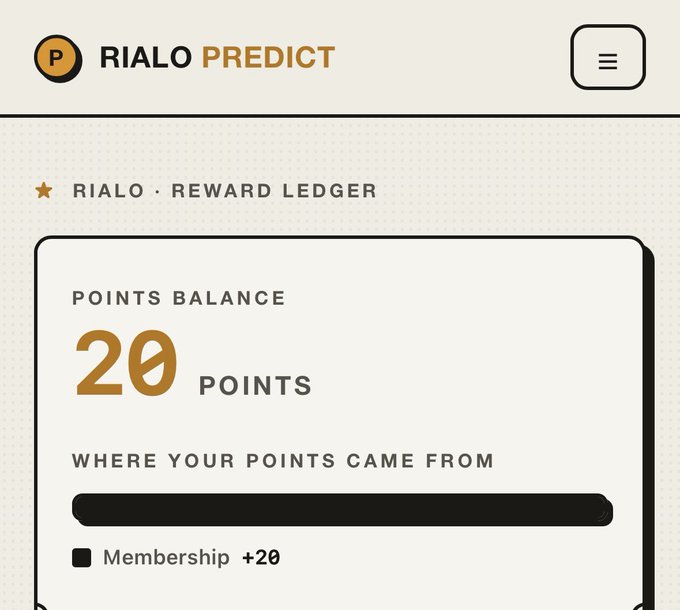 A mobile app screenshot of 'RIALO PREDICT' showing a Reward Ledger with 20 Points balance, sourced from a Membership bonus.