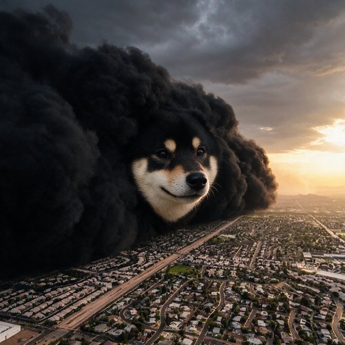 A surreal AI-generated image shows a giant dog face emerging from a massive dark smoke cloud looming over a sprawling suburban neighborhood at sunset.