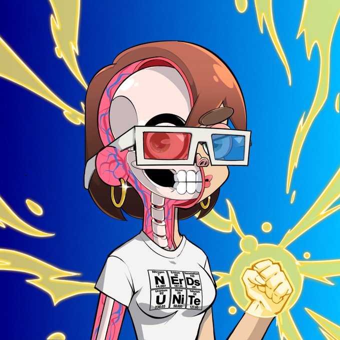 An anime-style illustration depicts a girl with half her face as an exposed skull wearing 3D glasses and a periodic table t-shirt, with her fist glowing yellow.