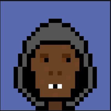 A simple pixel art avatar shows a dark-skinned character with grey hair and two prominent front teeth against a plain blue background.