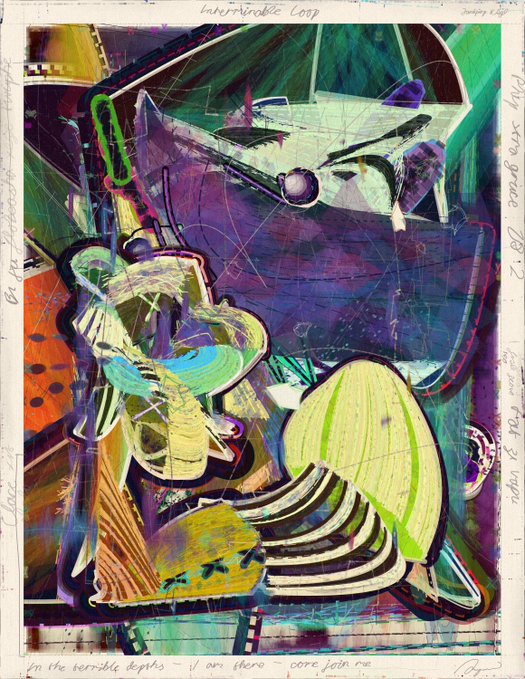 An abstract painting or mixed-media artwork with bold colors including greens, purples, and yellows, featuring various shapes and handwritten text around the borders.