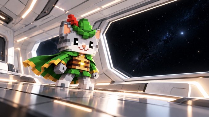 A 3D-rendered voxel-style Hello Kitty character dressed as Luigi from Super Mario Bros., complete with green hat, mustache, and overalls, standing in a futuristic spaceship interior overlooking a starry galaxy.