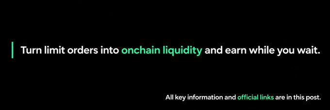 A minimalist black graphic with a green vertical accent bar displays the tagline "Turn limit orders into onchain liquidity and earn while you wait." alongside a note reading "All key information and official links are in this post." The design reinforces the post's introduction to $SCOPL, a DeFi trading suite on Robinhood Crypto Chain that converts limit orders into onchain liquidity.