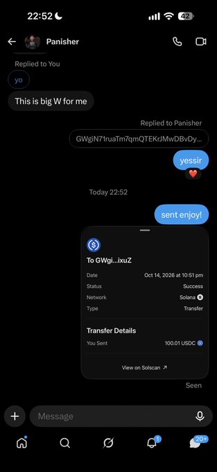 A screenshot of an Instagram DM conversation with "Panisher," showing the user successfully sending 100.01 USDC on the Solana network (transaction hash GWgJN7ruaTm7qmQTEKjMwDBvDy...) and messaging "sent enjoy!" after declaring the X payout game win.