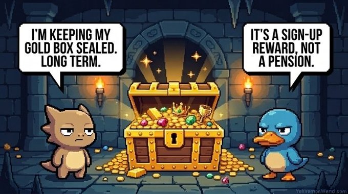 A cat declares "I'M KEEPING MY GOLD BOX SEALED. LONG TERM." while a blue bird responds "IT'S A SIGN-UP REWARD, NOT A PENSION." beside a treasure chest overflowing with gold and gems, humorously illustrating the debate over whether to claim or save the in-game Gold Box bonus offered when signing up for Yakkamon.