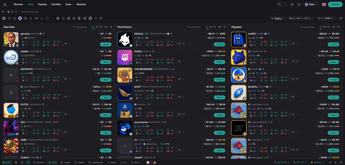 A cryptocurrency tracking dashboard displaying multiple coin listings with prices, percentage changes, and 'Watch' buttons across columns labeled 'New Pairs', 'Final Stretch', and 'Migrated'.