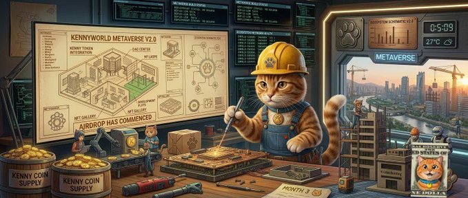The image features a cartoon cat wearing a hard hat, standing next to a desk with various objects such as a computer monitor, keyboard, mouse, and other items like a book and a cup of coffee. The background shows a cityscape with buildings and a river, suggesting that the scene takes place in an urban environment. The post also mentions that the airdrop would be long gone by the time it's published on Solana, which is a popular cryptocurrency exchange platform.