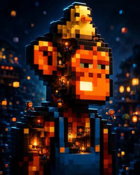A pixel art rendering of a gorilla-like figure made of orange, yellow, and black blocks, with glowing embers around it set against a dark blue cityscape background.