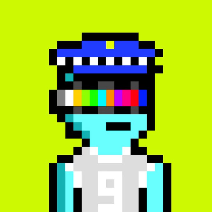 A pixel art character with a blue and black cap, a rainbow-colored band across the eyes, and a cyan jersey with the number '9' on it, set against a green background.
