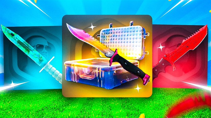 The image features colorful, stylized knives displayed in cases against a radial, vibrant background, used as the thumbnail for a YouTube video promoting a $25 LTC giveaway with engagement requirements (RT, tag, like, comment). The flashy, eye-catching knife visuals serve to attract viewers to the video linked in the giveaway post.