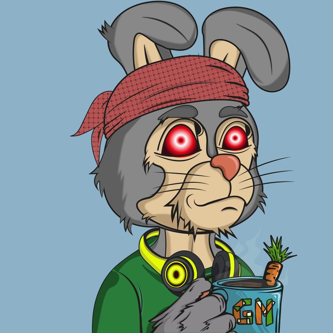A cartoon rabbit character with glowing red eyes, wearing a red bandana and green shirt, holds a mug labeled 'GM' with a small carrot sprouting from the coffee.