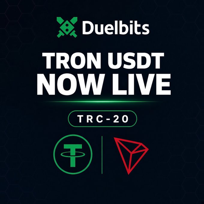 The image is a promotional announcement for Duelbits featuring bold text reading "TRON USDT NOW LIVE" with "TRC-20" highlighted in a green button, alongside the Tether (USDT) and Tron logos. This graphic visually supports the post announcing that Tron USDT (TRC-20) deposits and transactions are now available on the Duelbits platform.