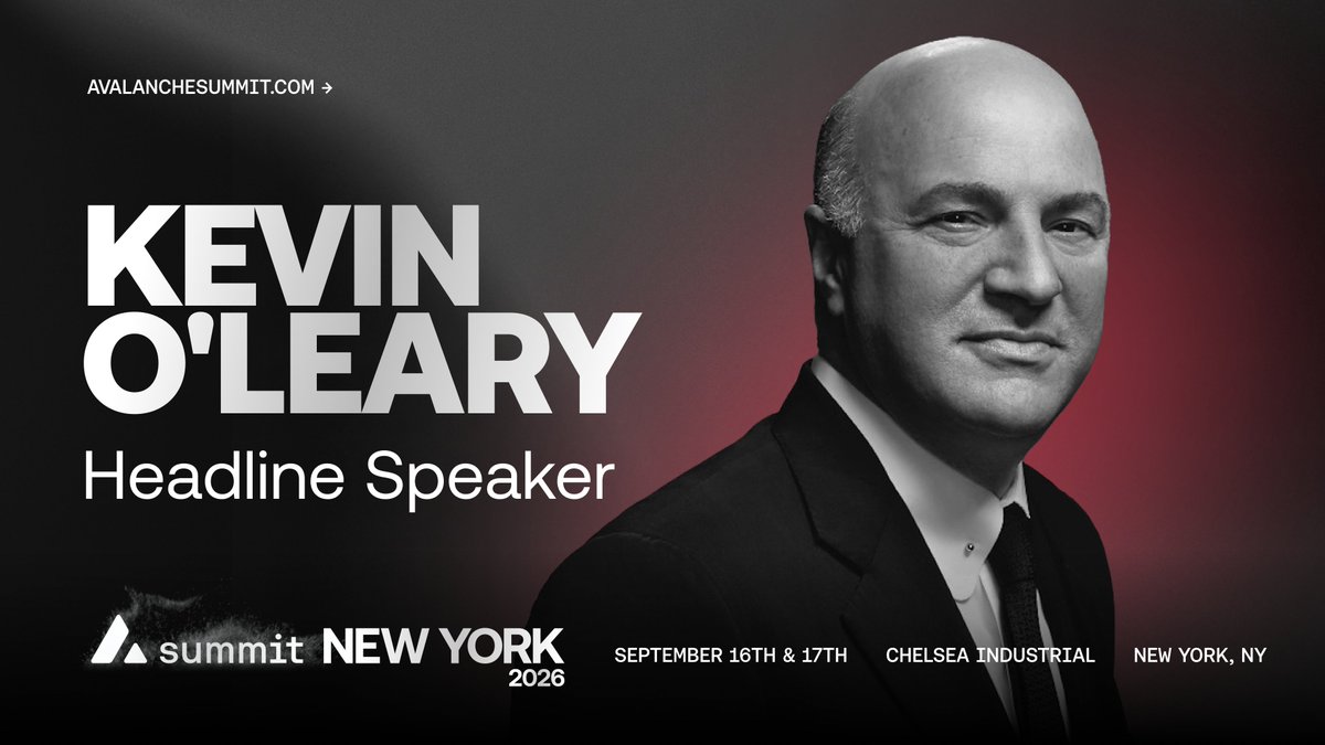 A promotional graphic for Avalanche Summit New York 2026 featuring black-and-white portrait of Kevin O'Leary as the Headline Speaker, with event details at Chelsea Industrial on September 16th & 17th.