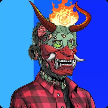 An illustrated demon character with green skin, red horns, and a red oni mask wearing a red plaid shirt, set against a split blue background.