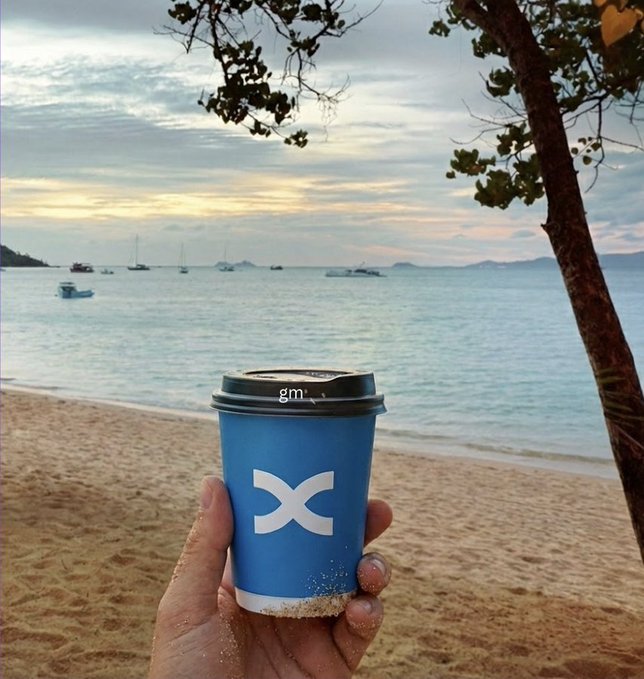 A person holds up a blue Ripple (XRP) branded coffee cup against a serene beach backdrop, with the post's "promise me you won't zoom in" likely warning viewers they'll spot sandy grit collected at the cup's bottom.